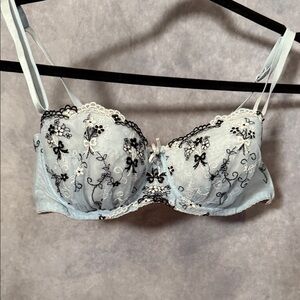 Embroidered Light Blue Lace Balconette Bra with Black Floral Stitching